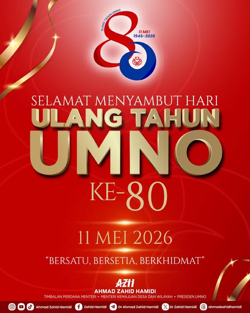 KUALA LUMPUR, May 11 — Ahmad Zahid Hamidi has stressed that UMNO will continue to remain the main platform for the Malay struggle as the party marks its 80th anniversary today. According to him, May 11, 1946, was a historic date that marked the birth of a major movement for the Malay community, one that has endured through changing times in defending religion, race and the homeland. Ahmad Zahid said the recent UMNO 80th Anniversary celebration held at the World Trade Centre Kuala Lumpur (WTCKL) reflected the extraordinary spirit among party members from across the country. “The presence of thousands of members, the spirit displayed and the unwavering loyalty of the grassroots truly touched my heart,” he said in a statement issued in conjunction with UMNO’s anniversary today. He also expressed appreciation to UMNO members nationwide who have remained loyal to the party’s struggle despite the various political challenges, internal divisions and changing political landscape faced throughout its eight decades of existence. According to him, UMNO’s strength lies not merely in its name, but in the spirit and commitment of its members who continue to uphold the party’s core principles. At the same time, Ahmad Zahid said he was encouraged by the growing number of young people joining UMNO through online membership registration. He said the development proves that UMNO continues to evolve with the times and remains trusted as an important platform in safeguarding national stability and the country’s future. “This struggle is far from over. There is still much that we need to build, unite and improve for future generations,” he said. He expressed confidence that with unity and the strength of the grassroots, UMNO would continue to move forward strongly towards its 100th anniversary as the “House of the Nation” and a symbol of Malay political struggle in Malaysia. “Happy 80th Anniversary to UMNO. Long live UMNO,” he said. -- MINUTESMY -- SOURCE: FB ZAHID HAMIDI