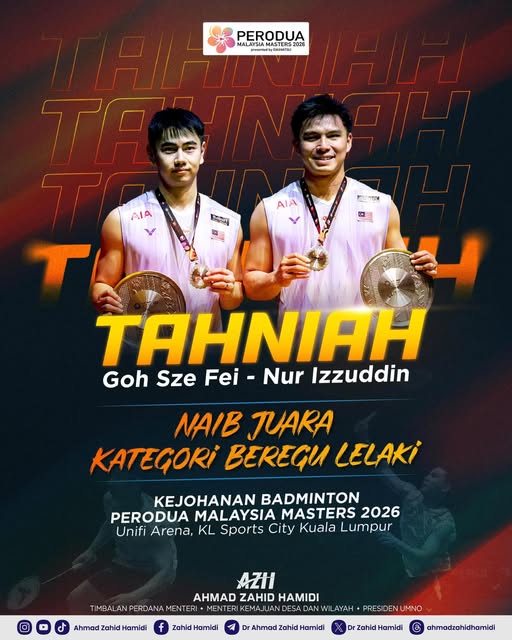 KUALA LUMPUR, May 25 — Deputy Prime Minister Ahmad Zahid Hamidi has congratulated national men’s doubles pair Goh Sze Fei and Nur Izzuddin Rumsani for emerging as runners-up at the Malaysia Masters 2026, yesterday. Zahid said although the championship title did not go Malaysia’s way this time, the fighting spirit and impressive performances displayed by the duo throughout the tournament had made all Malaysians proud. He encouraged the pair to continue striving for greater success and to use the experience as motivation to rise stronger and achieve more accomplishments on the world stage. “Keep it up, guys! Malaysians will always stand firmly behind you,” he said in a statement. The achievement further strengthened Malaysia’s reputation in international badminton and reflected the determination and resilience of the national players in competing at the highest level. -- MINUTESMY -- SOURCE: FB ZAHID HAMIDI