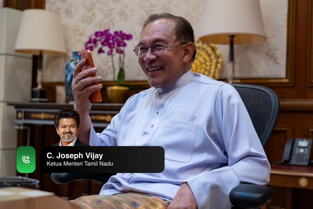 KUALA LUMPUR, MAY 22 -- Prime Minister Anwar Ibrahim today shared that he had the opportunity to speak and exchange greetings with C. Joseph Vijay, once again extends his congratulations on the immense responsibility entrusted to him in serving the people of Tamil Nadu. During the conversation, Anwar also informed the Tamil Nadu Chief Minister of his upcoming visit to India in September to attend the BRICS Summit and hold discussions with Narendra Modi. He added that, should time permit, he hopes to make a brief visit to Tamil Nadu as part of the trip. Prime Minister Anwar expressed his hope that Chief Minister Vijay will continue to be blessed with strength and wisdom to lead and administer the state effectively for the well-being of the people and a prosperous future for Tamil Nadu. -- MINUTESMY --SOURCE: FB ANWAR IBRAHIM