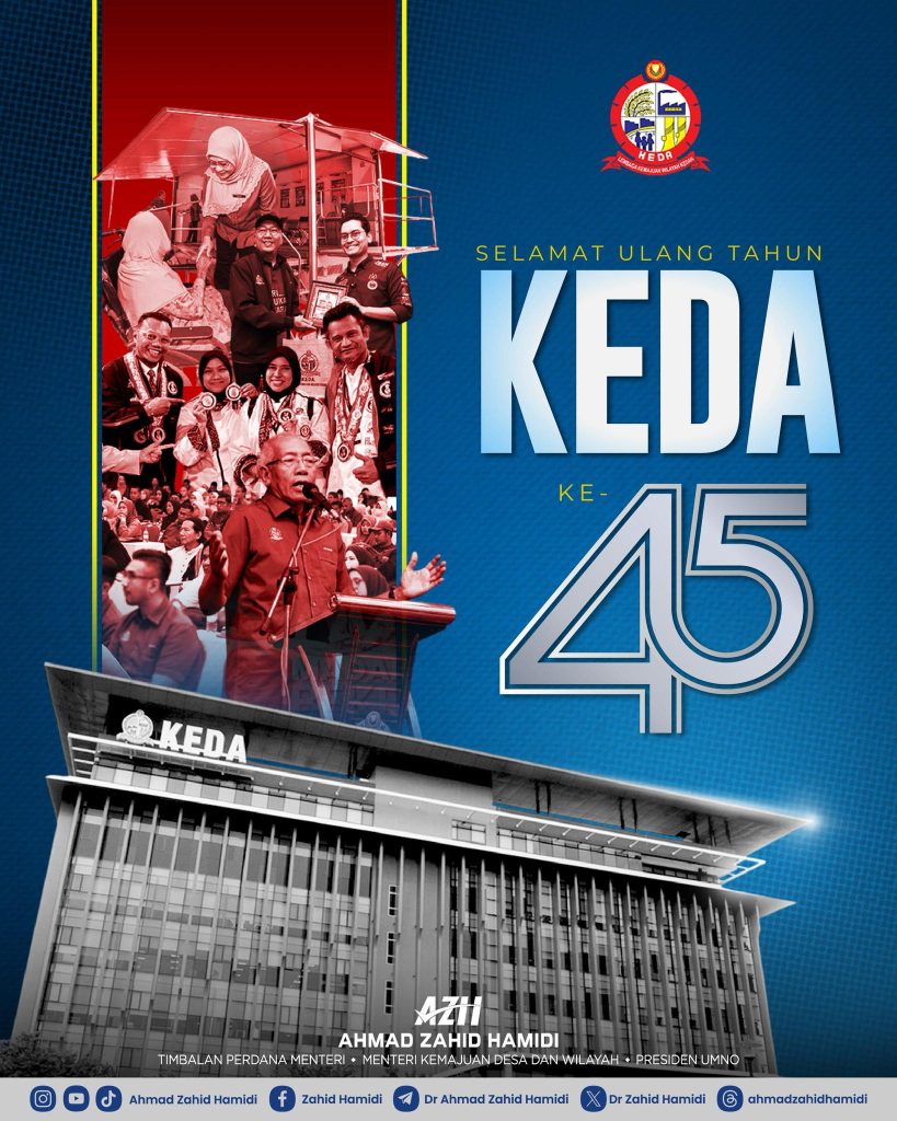 KUALA LUMPUR, MAY 28 -- Deputy Prime Minister Datuk Seri Ahmad Zahid Hamidi today extended his congratulations to the Kedah Regional Development Authority (KEDA) on the occasion of its 45th anniversary, praising the agency’s longstanding contribution to rural development in Kedah. Established in 1981, KEDA has spent more than four decades driving transformation and improving the socio-economic landscape of rural communities in the “Rice Bowl State”. In a statement, Zahid described KEDA’s 45-year journey as one filled with sacrifices and achievements in uplifting rural development and enhancing the well-being of the people. “Alhamdulillah, KEDA continues to play its role as a catalyst agent in accelerating holistic rural transformation, encompassing both worldly and spiritual aspects for the prosperity of rural communities,” he said. Zahid added that KEDA’s true strength lies in the sincerity and dedication of its workforce, who remain close to the grassroots and understand the needs and aspirations of the people. He also called on the agency to continue being caring, responsive and committed in championing the rural development agenda. “If not us who continue standing together with the rural community, then who else?” he said. Zahid expressed hope that KEDA would continue to prosper and remain among the key institutions in driving the development of rural areas and regional progress in the country. “Happy 45th Anniversary to all KEDA staff and members. May KEDA continue to move forward, be blessed with ease in all its affairs, and remain an important institution in advancing rural and regional development in Malaysia, Insya-Allah,” he added. -- MINUTESMY -- SOURCE: FB ZAHID HAMIDI