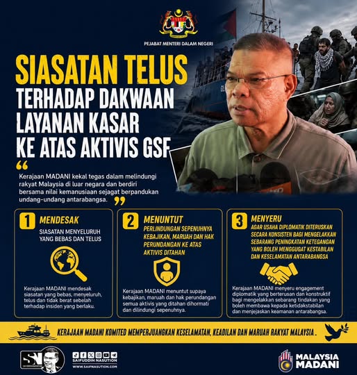 KUALA LUMPUR, May 28 -- The MADANI Government remains firm and will not compromise on protecting the safety, welfare, and rights of Malaysians abroad, in line with international legal principles and universal humanitarian values. Minister of Home Affairs Datuk Seri Saifuddin Nasution Ismail said that the government demands an immediate, comprehensive, independent, and transparent investigation into the harsh treatment of Malaysian citizens and Global Sumud Flotilla (GSF) 2.0 activists detained by Israeli forces during a recent humanitarian mission to Gaza. "The government also demands that the welfare, dignity, and legal rights of all detained activists be fully respected and protected," he said in a post on his Facebook page today. Furthermore, he said the government calls for consistent diplomatic efforts to prevent any escalation of tensions that could threaten international stability and security. "As Malaysians, we are deeply concerned when allegations arise involving harsh physical treatment, elements of intimidation, and the denial of basic rights to the activists involved. "I understand that various parties, including human rights organisations and legal representatives, are currently gathering testimonies and evidence related to the incident," he said. He added that the government will continue to monitor the situation closely and ensure that the interests and safety of Malaysian citizens remain a top priority. A total of 28 Malaysians who participated in the GSF 2.0 humanitarian mission to Gaza and were detained by Israeli forces safely arrived back in the country last Monday. However, another activist, Razman Mat Ali, is reported to be still in Istanbul, Turkiye, receiving treatment after suffering a traumatic pneumothorax (collapsed lung) as a result of being punched by Israeli soldiers during the incident. --BERNAMA