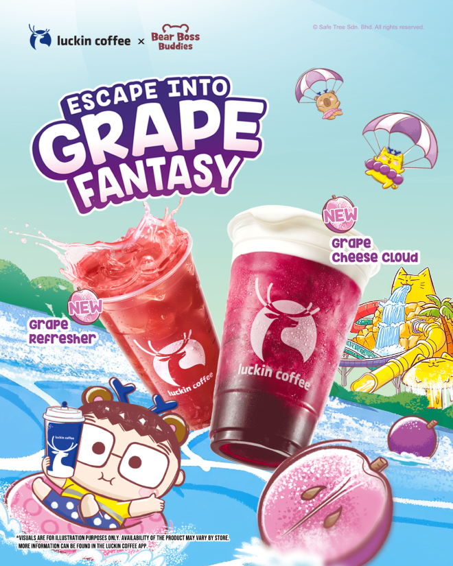 Kuala Lumpur, 8 May, 2026 - Among today’s youth, the simplest acts of friendship foster the deepest sense of connection. Embracing this spirit of togetherness, Luckin Coffee Malaysia is proud to announce its latest collaboration with the beloved homegrown cartoon IP, Bear Boss Buddies, themed "Escape into Grape Fantasy". Launched today, the collaboration celebrates the joy of shared experiences and moments through a curated selection of grape and cherry blossom-inspired beverage series. Born from the creative vision of founder Dylan Ang, Bear Boss Buddies first shone on the global stage while carrying a distinct local essence and showcasing a uniquely Malaysian sense of friendship through its characters. This partnership highlights the unique bond between the three main characters: Bear Boss, with his classic 'boss' charisma; Mao, the brains of the family member; and the ultra-chill Capybara. Together, they are set to take over Luckin Coffee’s May calendar with their signature brand of friendship. Dr. Jeff Lim Chee Lip, CEO of Luckin Coffee Malaysia said, "Staying on the pulse of Gen Z while embracing the local culture is always at our heart. We saw how deeply Dylan's Bear Boss Buddies values friendship and authentic local creativity, which made our collaboration a natural choice. Also, we hope to remind everyone that every connection can be carried through a simple cup of coffee," "We have always been spreading positivity and a sense of belonging through Bear Boss Buddies. Partnering with Luckin Coffee Malaysia allows us to bring our characters into the daily rituals of Malaysians, creating meaningful experiences that showcase local creativity and spark deeper connections through friendship," said Dylan Ang, founder of Bear Boss Buddies. Grape Series For A Great Escape This May The "Escape into Grape Fantasy" campaign launches a meticulously crafted grape and cherry blossom beverages for friends and family to share blissful moments: ● Grape Cheese Cloud (Available from 8 May onwards): A luscious grape drink topped with sea-salt cheese foam, featuring juicy Summer Black grapes in every cup for a creamy, blissful experience. ● Grape Refresher (Available from 8 May onwards): The perfect way to cool down, blending Summer Black grapes, zesty locally produced lime, and fragrant jasmine tea for those seeking a summer refresher. ● Cherry Blossom Latte (Launching on 15 May): A delicate pink latte infused with Guan Shan cherry blossom flavor and balanced with rich coffee. Exclusive Collectibles, Physical Meet & Greet The collaboration goes beyond the cup with the introduction of the Luckin Coffee x Bear Boss Buddies 'Wiggly Tail' Plushie Blind Bag launching on 15 May. This exclusive collection features the three main characters: Bear Boss, Mao, and Capybara, in a charming tactile form. Designed to be a companion for daily life, where it complements a bag or keep it on the desk, these plushies serve as a constant reminder that life’s best adventures are better shared. Fans can redeem a free plushie blind bag with the purchase of a selected 2-drink combo for RM 24.90 via the Luckin Coffee app. Additionally, fans are invited to celebrate the launch and meet the Bear Boss Buddies in person at Luckin Coffee Sunway Square on 9 May. The characters will make special appearances during exclusive sessions at 11:00 AM and 3:00 PM. For more information about Luckin Coffee x Bear Boss Buddies collaboration, please stay tuned to Luckin Coffee Malaysia’s official Facebook, Instagram, TikTok, and XiaoHongShu social media channels or visit the Luckin Coffee app.
