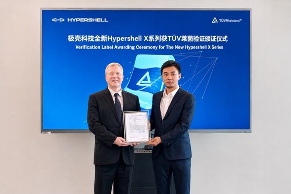 SHENZHEN, China, May 22, 2026 /PRNewswire/ -- Recently, TÜV Rheinland Greater China (hereinafter "TÜV Rheinland"), an international independent third-party testing, inspection, and certification organization, issued a verification statement to Hypershell Technology Co., Ltd. (hereinafter "Hypershell") for its new Hypershell X Series consumer exoskeletons (including models Pro S, Max S, and Ultra S). This marks the series as the world's first end-to-end integrated consumer exoskeleton to receive TÜV Rheinland verification for both assistance response time and human-machine synchronization. Fan Xuanhe, Chief Product Officer of Hypershell, Sven-Olaf Steinke, General Manager of TÜV Rheinland Greater China Electrical, and Sommy Chen, General Manager of TÜV Rheinland Greater China Electrical, attended the statement handover ceremony. The verification project focused on assistance response time and gait synchronization between the user and the exoskeleton in real-world movement scenarios. The testing prioritized two primary aspects: First, Response Time assessed the exoskeleton's ability to accurately detect real-time changes in movement, such as initiation, termination, or locomotor transitions and promptly deliver the appropriate level of power assistance; Second, Human-Machine Synchronization evaluated how seamlessly the device adapted to the user's natural movement rhythm to ensure a fluid, coordinated, and unobstructed walking pattern. TÜV Rheinland conducted a comprehensive evaluation across three primary dimensions: Assistance Response Time: This dimension evaluated the time required for the exoskeleton to respond to changes in human movement and provide corresponding assistance during different movement scenarios. Test results showed that the New Hypershell X Series achieved a response time as fast as 0.31 seconds, representing a 64.5% reduction in response time compared to the previous generation. Human-Machine synchronization: By comparing gait performance with and without the exoskeleton across various representative task scenarios, the evaluation analyzed the alignment between the device and the user's natural movement rhythm and gait characteristics. The results showed that the new Hypershell X Series achieved 97.5% gait synchronization across varied terrains, indicating that the device effectively followed the user's movement rhythm and supported a natural, coordinated motion experience. Subjective User Experience: In addition to objective measurements, the verification incorporated subjective feedback from users during actual wearing and use. The assessment focused on the timeliness of assistance and the smoothness and naturalness of movement, providing a comprehensive assessment of the product's performance in real-world applications. The successful verification of Hypershell's consumer exoskeleton demonstrates its performance capabilities in core technical metrics, establishing the company's position in the global market. Furthermore, by leveraging TÜV Rheinland's innovative Human Factors Engineering evaluation system, this project establishes a new paradigm for integrated "human-machine system" assessments, shifting the industry's focus from purely technical parameters to high-quality, user-centric market applications. Fan Xuanhe stated: "We are honored to receive this verification statement from TÜV Rheinland. The New Hypershell X Series adopts an industry-leading end-to-end motion control algorithm designed to enhance key user experiences such as exoskeleton responsiveness and human-machine coordination. This verification not only recognizes the performance of our products, but also affirms our commitment to continuous innovation. As a pioneer in the industry, we will continue to take a user-centered approach to product development, creating exoskeletons designed for diverse real-world scenarios and bringing intelligent exoskeleton technology to more people around the world." Sommy Chen added: "This verification for Hypershell represents another significant practice of TÜV Rheinland in the field of human factors engineering and consumer robotics. As a leader in robotics testing and certification standards, we provide independent and professional services to help companies refine product performance and enhancing market competitiveness. Moving forward, we will continue to collaborate with innovative tech enterprises to promote the standardized and high-quality international development of the consumer robotics industry." With extensive experience in robotics testing and certification, alongside a profound understanding of technical requirements for robot units and diverse application scenarios, TÜV Rheinland provides manufacturers with customized solutions. Its comprehensive services cover testing and certification across multiple dimensions, including AI regulations, electrical safety, mechanical safety, wireless communication, electromagnetic compatibility (EMC), functional safety, cybersecurity, and chemical safety, helping enterprises enhance product performance, safety, and market trust. About Hypershell Founded in 2021, Hypershell is a world-leading exoskeleton company focused on empowering human exploration. Its intelligent exoskeletons adapt in real time to terrain, activity, and intention, making movement lighter and more natural. With certified performance and tens of thousands of units sold across 70+ countries, Hypershell enhances, not replaces, human ability – shaping a future where wearable robotics become as essential as backpacks for exploration, work, and play. Source: TUV Rheinland Greater China