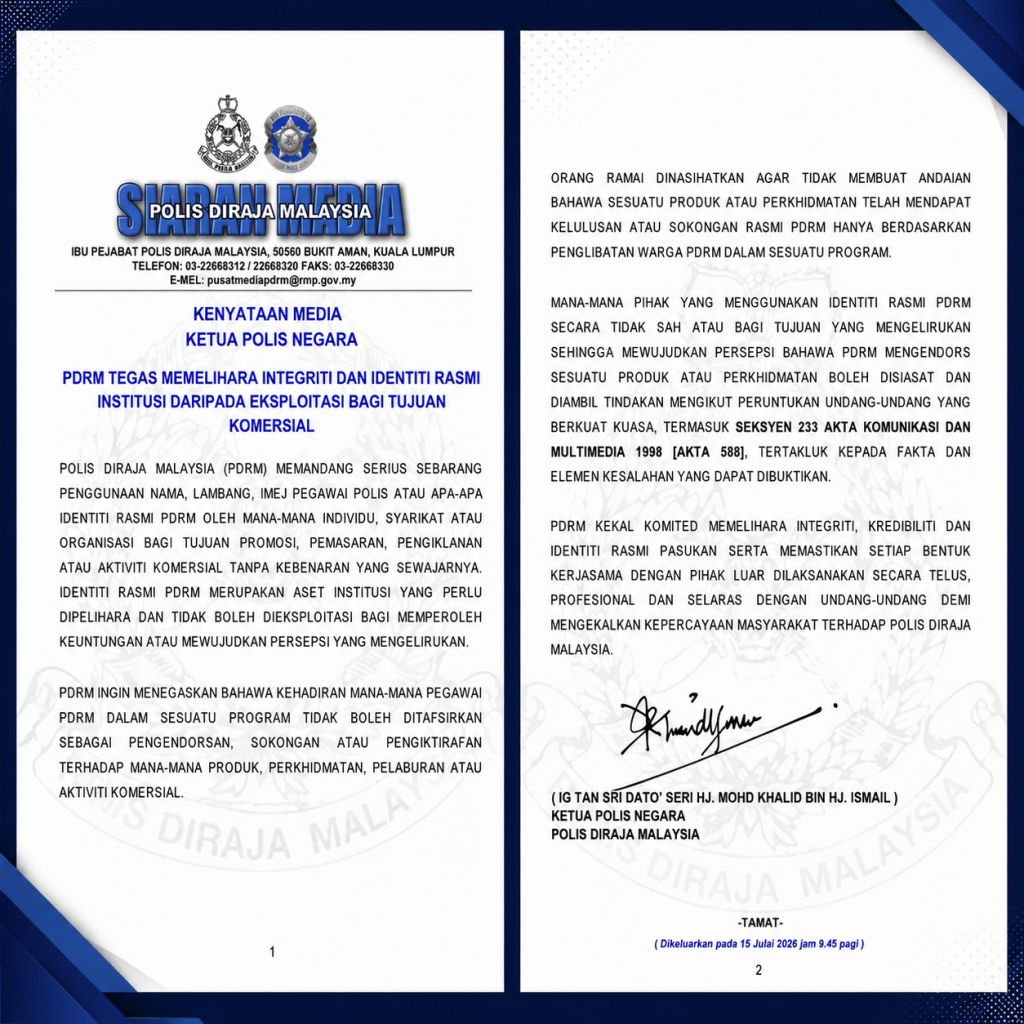 KUALA LUMPUR, July 15 — The Royal Malaysia Police (PDRM) has issued a stern warning against the unauthorized use of its name, logo, official identity, or images of police officers for promotional, marketing, advertising or other commercial purposes. In a media statement, Inspector-General of Police Tan Sri Mohd Khalid Ismail said PDRM views seriously any attempt by individuals, companies or organisations to exploit the force's official identity without proper authorisation. He stressed that PDRM's official identity is an institutional asset that must be protected and should not be used to generate commercial gain or create misleading perceptions among the public. The police chief also clarified that the presence of PDRM personnel at any event should not be interpreted as an endorsement, approval or recognition of any product, service, investment or commercial activity. He advised the public not to assume that a product or service has received official support from PDRM solely because police officers participated in or attended a programme. Mohd Khalid warned that any party found using PDRM's official identity unlawfully or in a manner that misleads the public into believing the police endorse a particular product or service could face legal action under existing laws, including Section 233 of the Communications and Multimedia Act 1998 (Act 588), subject to the facts and evidence of each case. He reaffirmed PDRM's commitment to safeguarding the integrity, credibility and official identity of the police force while ensuring that all collaborations with external parties are conducted transparently, professionally and in accordance with the law to maintain public confidence in the institution.