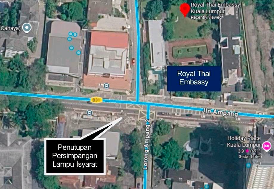KUALA LUMPUR, July 1 — Kuala Lumpur City Hall (DBKL) has announced the permanent closure of the Royal Thai Embassy traffic light junction at Lorong Ampang 2, Jalan Ampang, effective today as part of a major road upgrading project. The closure is implemented under the Jalan Ampang upgrading works, which stretch from the Jalan Tun Razak junction to the MRR2 corridor. The project aims to improve traffic efficiency, enhance road safety, and ensure smoother traffic flow along one of the city’s key routes. According to DBKL, the 3.2-kilometre upgrade includes the development of improved road infrastructure such as road dividers, upgraded carriageways, safer pedestrian walkways, and enhanced street lighting systems. The closure of the traffic light junction is expected to reduce vehicle conflict points, minimise congestion caused by traffic weaving, and improve overall traffic movement along Jalan Ampang. As an alternative route, motorists travelling from Jalan Tun Razak towards Ampang are advised to make a U-turn at Jalan Ampang Hilir, while those heading towards the city centre should also utilise designated U-turn points. DBKL has advised road users to plan their journeys ahead and comply with all traffic signage and directions throughout the construction period. -- MINUTESMY