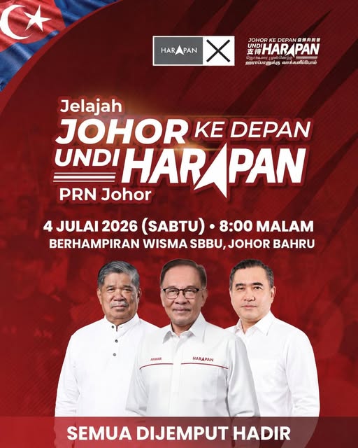 JOHOR BAHRU, July 2 — Prime Minister Datuk Seri Anwar Ibrahim is set to headline Pakatan Harapan's "Jelajah Johor Ke Depan, Undi Harapan" programme in Johor Bahru on Saturday as the coalition intensifies its campaign ahead of the Johor state elections. The event will be held at 7.45pm on July 4 at the parking area beside Wisma SBBU in Bandar Baru Uda. Also scheduled to speak at the programme are Defence Minister Adly Zahari, Home Minister Datuk Seri Saifuddin Nasution Ismail and Johor Pakatan Harapan chairman Aminolhuda Hassan. The event will also feature Pakatan Harapan's candidates contesting the Johor Bahru parliamentary area's state seats, namely Lee Wern Yiing (Johor Jaya), Sharon Teo (Permas), Suhaizan Kaiat (Larkin), Cheng Kah Eng (Stulang), Alan Tee Boon Tsong (Perling), Muhammad Faezuddin Mohd Puad (Kempas), Kartiyaini Jeyapalan (Skudai), Datuk Seri Dr Dzulkefly Ahmad (Kota Iskandar), Mohamad Shafwan Ani (Bukit Permai) and Arthur Chiong (Bukit Batu). The programme is expected to outline Pakatan Harapan's vision for Johor while rallying support for its candidates ahead of polling day. Party supporters and members of the public have been invited to attend the event. -- MINUTESMY