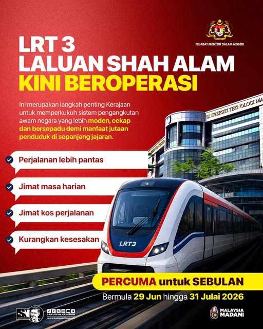 SHAH ALAM, July 1 -- The Shah Alam Line LRT3 is another testament to the MADANI Government's commitment to providing a more modern, efficient and integrated public transport system to improve people's daily lives, Home Minister Datuk Seri Saifuddin Nasution Ismail said. He said the new line was introduced to ease congestion along one of the busiest transport corridors in the Klang Valley. “It not only expands public transport options, but also helps reduce traffic congestion, shortens travel time and lowers daily commuting costs, especially for those travelling to work, educational institutions or attending to daily errands. “This is one of the government's strategic investments to improve the people's quality of life and strengthen the country's public transport network,” he said in a Facebook post. On Sunday, Prime Minister Datuk Seri Anwar Ibrahim, when launching operations of the line, announced free fares on the Shah Alam Line LRT3 from June 29 to July 31, including Prasarana Malaysia Bhd (Prasarana) feeder bus services along the route. Saifuddin Nasution urged the public, especially those living in Shah Alam, Klang, Subang and areas along the LRT3 alignment, to take advantage of the free travel period. He said the initiative gives people the opportunity to experience the new rail line and its feeder bus services at no cost, while encouraging greater use of public transport. “The Shah Alam Line LRT3 and its feeder bus services are available free of charge until July 31 so that more people can experience the service and make the switch to public transport. “So if you live, work or study along the LRT3 route, now is the time. Leave your car behind for a while and try the LRT3 for free until July 31. Try it once and, insya-Allah, you'll want to ride it again,” he said. --Credit: FB - Saifuddin Nasution Ismail -- BERNAMA