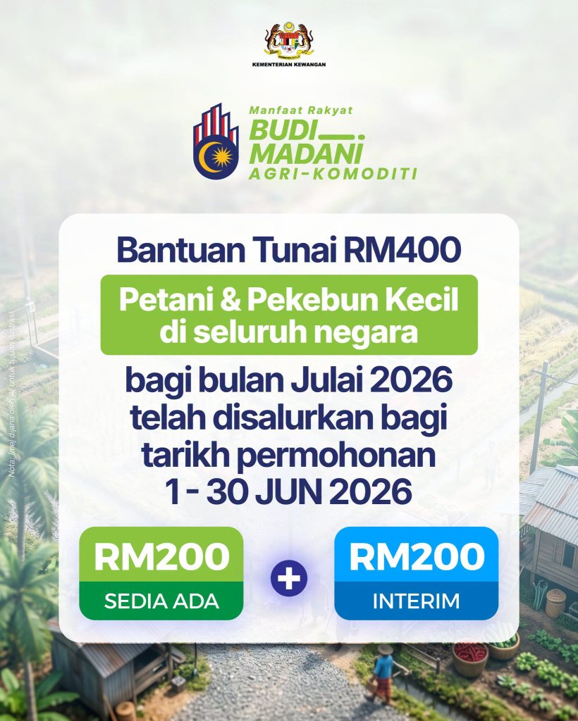 KUALA LUMPUR, July 8 — The BUDI Agri-Commodity Cash Assistance amounting to RM400 has been distributed for July 2026 to eligible farmers and small-scale gardeners nationwide. The assistance is provided under the BUDI MADANI Diesel initiative to help ease the financial burden faced by those involved in the agriculture and agri-commodity sectors. Eligible recipients who submitted their applications between June 1 and June 30, 2026 will receive a total payment of RM400, comprising RM200 in available assistance and RM200 in interim assistance. The government said applications for BUDI DIESEL remain open, with payments to eligible applicants being made according to the scheduled payment cycle. Farmers and small-scale gardeners who have yet to apply are encouraged to submit their applications through the official portal at budidiesel.gov.my. The initiative reflects the government’s continued efforts to support the livelihoods of agricultural communities and ensure targeted assistance reaches those who need it most. -- MINUTESMY
