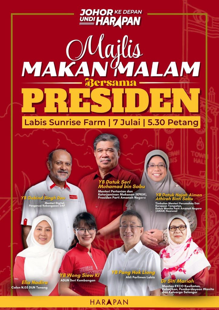 LABIS, 7 July — Pakatan Harapan National Chairman, Gobind Singh Deo, has invited residents of Labis and Chaah to attend a series of campaign events in conjunction with the Johor state election. Gobind said he would attend the Majlis Makan Malam Bersama Presiden at Labis Sunrise Farm, featuring Mohamad Sabu, who is also the Minister of Agriculture and Food Security and President of Parti Amanah Negara. He said the event would also provide an opportunity for the public to meet Pakatan Harapan's Tenang candidate, Elia Nadira Sabudin, as well as other coalition leaders. Following the programme in Labis, Gobind said he would travel to Chaah to participate in a Pakatan Harapan ceramah alongside party leaders in support of the coalition's Bekok candidate, Tay Yok Jiuen. He called on voters to support Pakatan Harapan's candidates, saying the coalition remains committed to building a more peaceful, prosperous and progressive Johor. -- MINUTESMY