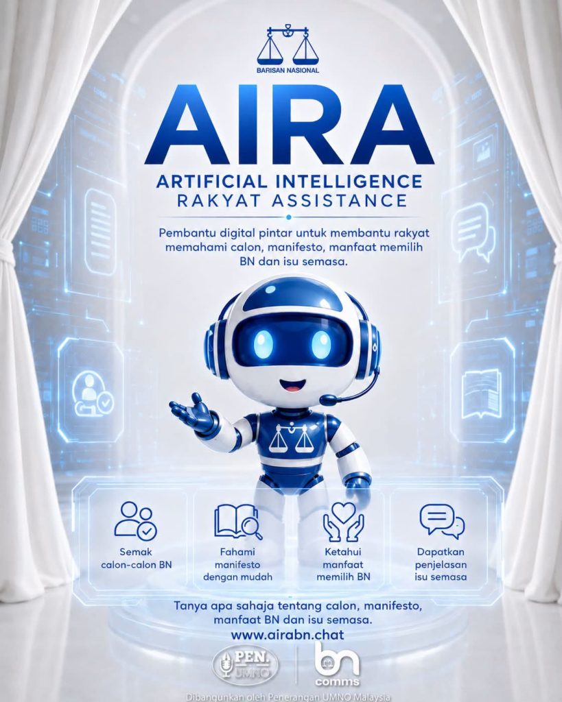 JOHOR BAHRU, July 8 — Barisan Nasional (BN) has introduced AIRA (Artificial Intelligence Rakyat Assistance), an artificial intelligence-powered chatbot designed to provide voters with easier and faster access to information related to the coalition and the ongoing Johor state election campaign. According to BN, AIRA serves as a digital assistant that enables members of the public to obtain information through a user-friendly conversational platform. The chatbot provides information on BN's candidates for the National Parade, explains the coalition's election manifesto in simple language, outlines the benefits of supporting BN, addresses current issues, and highlights the coalition's policies and commitments to the people. BN said the initiative is intended to make election-related information more accessible while helping voters better understand the coalition's offerings throughout the Johor state election campaign. Describing AIRA as a smart and accessible digital assistant, BN said the platform is designed to bring information closer to the public through artificial intelligence technology. The chatbot is accessible through its dedicated website, where users can interact with AIRA and obtain information related to BN's campaign and policies. According to the campaign material, AIRA was developed by Lampu Percahayaan UMNO Malaysia as part of BN's digital engagement efforts during the 16th Johor State Election (PRU16). -- MINUTESMY -- SOURCE: FB SUARA UMNO ONLINE