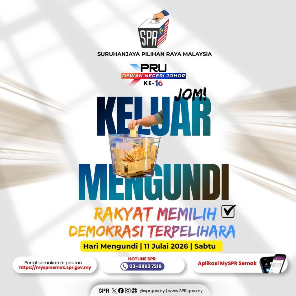 JOHOR BAHRU, July 8 — Voters in Johor have been encouraged to fulfil their democratic responsibility by casting their ballots in the 16th Johor State Election (PRU16) on Saturday, July 11, 2026. The public reminder stressed that every vote represents a voice that can help shape the future direction of the state. Voters are advised to first check their voting details through the MySPR Check application or the official voter information portal before heading to their respective polling stations. They are also encouraged to plan their journey and allocate sufficient time to travel to polling centres to ensure a smooth voting process. The call urged Johor residents to demonstrate their commitment to democracy by coming out to vote and exercising their constitutional right in the state election. With polling day approaching, voters are reminded that active participation in the electoral process is an important responsibility in determining the future leadership and development of Johor. -- MINUTESMY