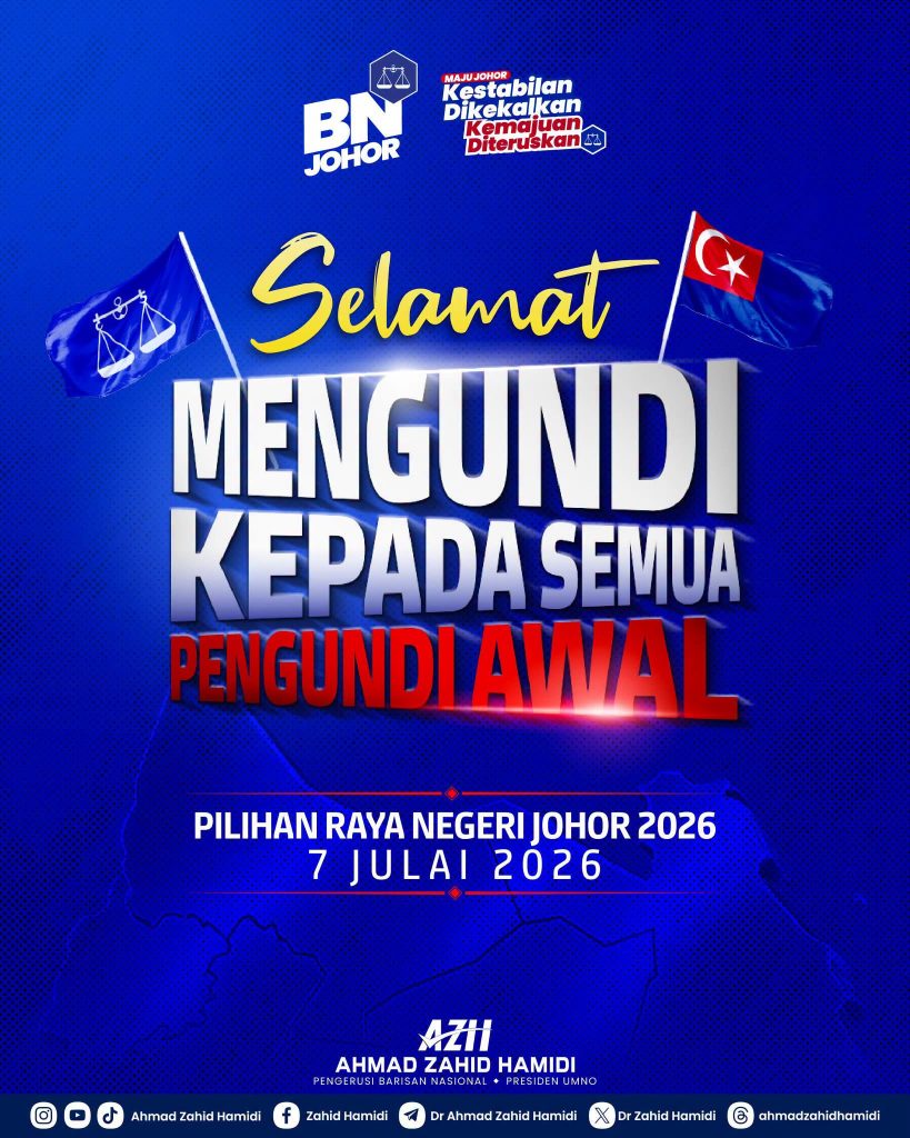 JOHOR BAHRU, July 7 – Barisan Nasional Chairman Datuk Seri Dr. Ahmad Zahid Hamidi has called on all early voters and security personnel participating in the 2026 Johor state election to carry out their voting responsibilities with a strong sense of duty and responsibility. In a message shared in conjunction with the early voting process, Zahid encouraged voters to exercise their democratic right wisely by making the best choice for the stability, progress, and future of Johor. He stressed that every vote carries an important responsibility in determining the state's direction and urged voters to fulfil the trust placed in them through the democratic process. Zahid also expressed his hopes that the entire early voting process would proceed smoothly, peacefully, and in an orderly manner. He concluded by praying for the safety and well-being of all those involved, expressing hope that the voting process would be eased and blessed. -- MINUTESMY