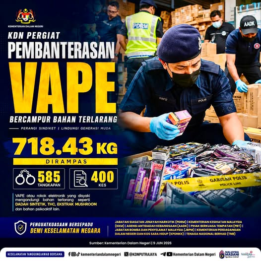 KUALA LUMPUR, July 11 — Malaysia's Ministry of Home Affairs (KDN) is stepping up efforts to combat the distribution and abuse of vapes containing prohibited substances through integrated enforcement operations involving multiple government agencies. Home Minister Saifuddin Nasution Ismail said the government remains committed to dismantling syndicates involved in the distribution of illicit vape products, particularly those targeting young people. "The government will not compromise with any syndicate distributing vapes mixed with prohibited substances. KDN will continue to strengthen integrated enforcement to safeguard public safety and protect the future of the younger generation," he said. According to the ministry, enforcement actions carried out between 2023 and June 2026 resulted in the seizure of 718.43 kilograms of vape products or electronic cigarettes suspected of containing prohibited substances. During the same period, authorities arrested 585 individuals and recorded 400 cases involving the distribution of vapes laced with illicit substances, including synthetic drugs, tetrahydrocannabinol (THC), mushroom extracts, and other psychoactive substances. The integrated operations involved several enforcement and regulatory agencies, including the Narcotics Criminal Investigation Department (NCID) of the Royal Malaysia Police (PDRM), the Ministry of Health (MOH), the National Anti-Drugs Agency (AADK), local authorities, the Fire and Rescue Department of Malaysia (JBPM), the Ministry of Domestic Trade and Cost of Living (KPDN), and Tenaga Nasional Berhad (TNB). The Home Ministry said it will continue to intensify special enforcement operations, strengthen intelligence gathering and cyber surveillance, enhance forensic analysis capabilities, and expand public advocacy and education programmes to comprehensively address the growing threat posed by vapes containing prohibited substances. The ministry reiterated that coordinated enforcement and preventive measures remain a key priority in protecting public health and ensuring the safety and well-being of Malaysians, especially the nation's youth. -- MINUTESMY