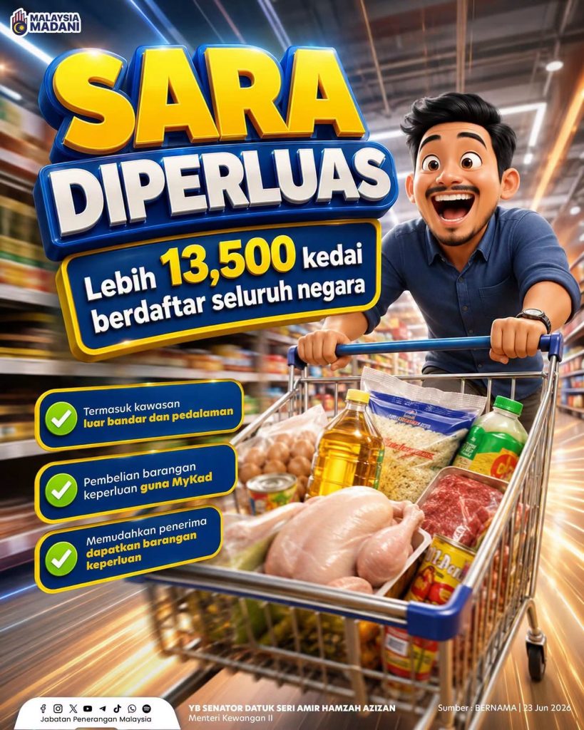 KUALA LUMPUR, July 11 — The government is expanding the Sumbangan Asas Rahmah (SARA) programme by increasing the number of retail outlets that accept MyKad as a payment method, including stores located in rural and remote areas. The initiative is aimed at making it easier for eligible recipients to purchase essential goods closer to their homes, reducing the need to travel long distances to access participating retailers. Under the expanded programme, more supermarkets, grocery stores, mini markets, and local community shops across the country will be equipped to accept MyKad transactions for approved purchases of basic necessities. The government said the move reflects its commitment to ensuring that the benefits of the SARA programme reach more Malaysians, particularly those living in underserved and remote communities. By widening the network of participating retailers, eligible recipients will have greater convenience and flexibility in using their assistance to buy essential items such as food, household necessities, personal care products, and other approved goods. The expansion is also expected to support local businesses by increasing customer traffic to participating retailers while strengthening the delivery of targeted assistance under the MADANI Government's social protection initiatives. The government reiterated that efforts to enhance the SARA programme will continue to ensure aid reaches those who need it most, while improving accessibility and reducing disparities between urban and rural communities. -- MINUTESMY