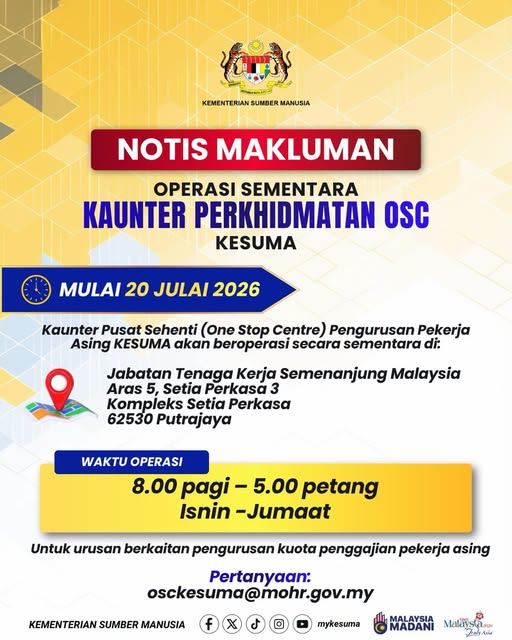 KESUMA Relocates Foreign Workers One-Stop Centre Counter to Temporary Premises in Putrajaya