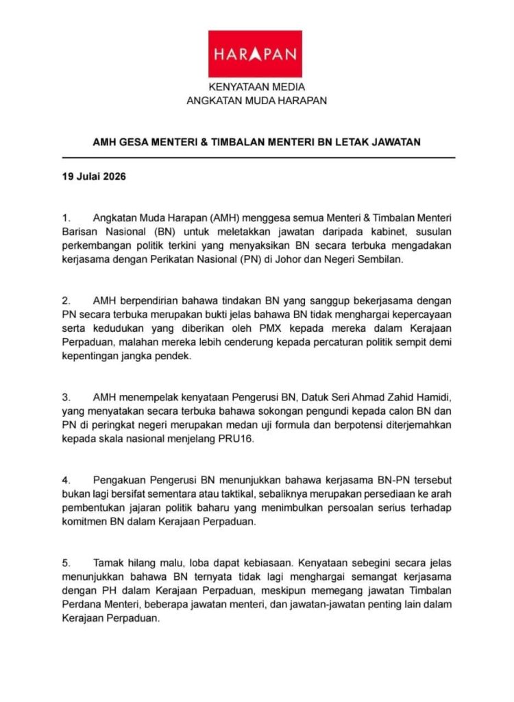 Angkatan Muda Harapan Calls on BN Ministers and Deputy Ministers to Resign Over BN-PN Cooperation
