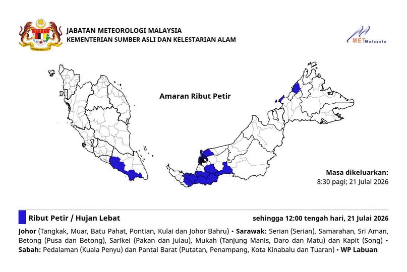 Thunderstorms, Heavy Rain and Strong Winds Forecast for Parts of Johor, Sarawak and Sabah