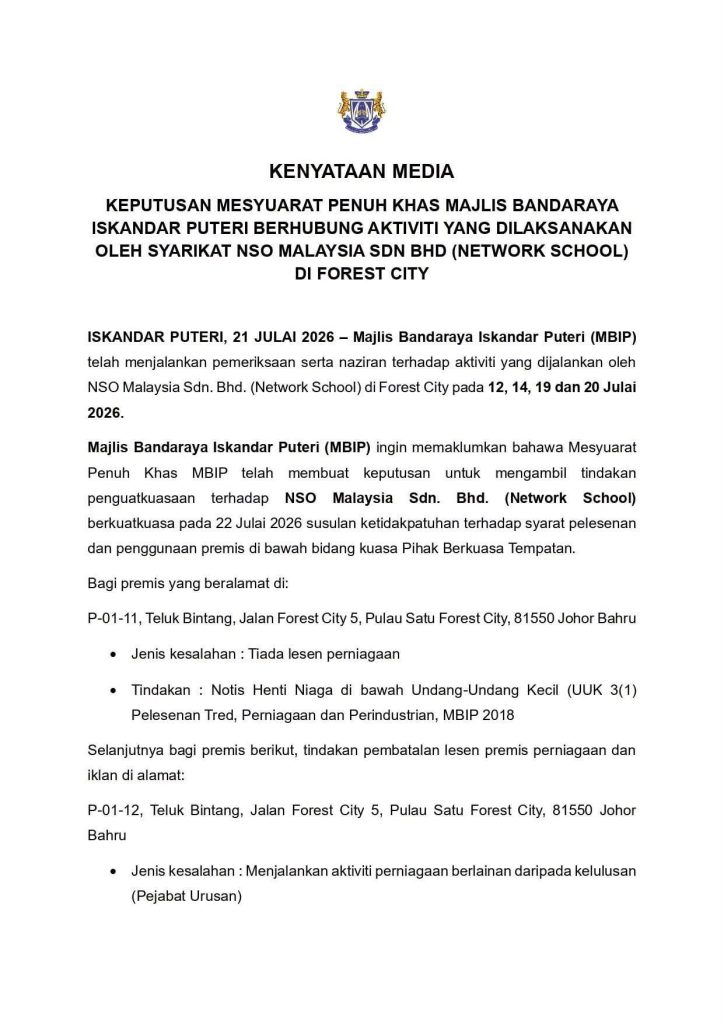 Johor Revokes Business Licence of NS0 Malaysia, Orders Operations at Forest City to Cease