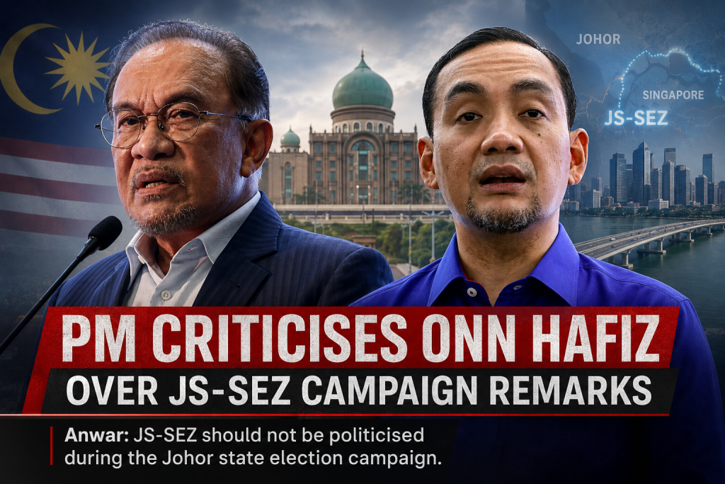 KUALA LUMPUR, July 3 — Prime Minister Datuk Seri Anwar Ibrahim has criticised Johor Barisan Nasional (BN) chairman Datuk Onn Hafiz Ghazi for raising the Johor-Singapore Special Economic Zone (JS-SEZ) issue during the Johor state election campaign, describing the move as inappropriate and unwise. Anwar said the JS-SEZ is a Federal Government initiative being implemented in collaboration with the Johor state government, stressing that negotiations and agreements on the project were conducted at the highest level between the Malaysian and Singaporean prime ministers. "The signing of the agreement is between the Prime Minister of Malaysia and the Prime Minister of Singapore. It is not a matter for the Menteri Besar. "There is no need to turn it into a campaign issue. The project is progressing with substantial investment and support from the Federal Government. "Instead of appreciating the assistance given, he chose to use it during the campaign to criticise the government. That is inappropriate and not a wise approach," Anwar told reporters after performing Friday prayers at Masjid As-Sodiqin in Taman Kobena. Earlier, Onn Hafiz had urged the Federal Government to expedite the announcement of the JS-SEZ master plan, saying it is crucial to provide certainty for investors and set the direction for Johor's economic development. He noted that the master plan was initially expected to be unveiled by the end of 2025 before being rescheduled to March 30, but had been postponed again. -- MINUTESMY -- SOURCE: BERITA HARIAN