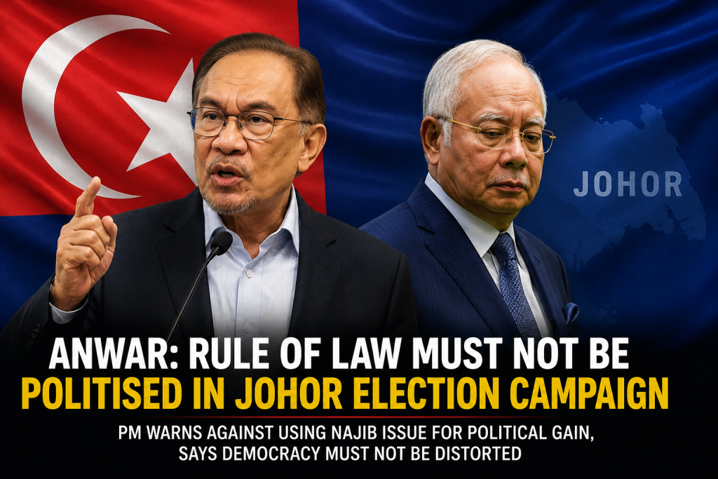 LETANG, July 6 – Prime Minister Datuk Seri Anwar Ibrahim has criticised attempts to politicise legal matters, stressing that the rule of law must be respected and should not be dragged into the Johor state election campaign. Speaking during a campaign event in Letang, Anwar said it was inappropriate for any party to use issues involving former Prime Minister Datuk Seri Najib Razak in a way that could influence voter sentiment or distort the democratic process. “There is no compromise in the rule of law. It is unnecessary to bring such issues into the election arena for political gain and create chaos,” he said. He added that efforts to link electoral outcomes with legal decisions undermine democratic principles and risk misleading the public. Anwar also criticised what he described as attempts to shape political narratives around the case, saying such actions should not be used as campaign material during the state election. The Prime Minister further noted reports of political statements suggesting that a strong electoral victory for any party could influence the outcome of Najib’s legal situation. He said such claims were irresponsible and should not be used to sway voters. Opposition parties have meanwhile intensified campaigning in Johor, with various issues, including Najib’s case, featuring prominently in political speeches and public discourse. Analysts say the controversy could influence voter sentiment as campaigning enters its final phase. -- MINUTESMY -- SOURCE: VANAKAM MALAYSIA