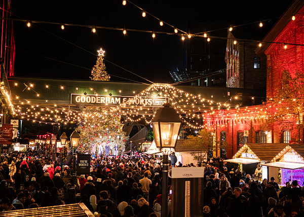 Christmas lights and festive decorations at Toronto’s Distillery Winter Village