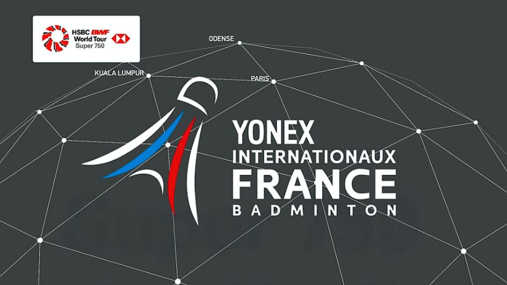 Official Yonex French Open Badminton tournament graphic for the BWF World Tour Super 750 event in Paris, where Malaysia's two men's doubles pairs will compete for the 2026 championship.