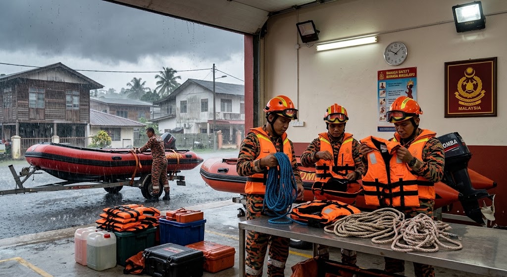 Fire and rescue personnel prepare emergency equipment for flood response in Kelantan.